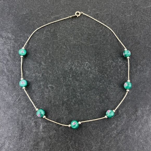 Green Floral Design Glass Bead Station Necklace | NWOT Sterling Silver 925 | 16" - Picture 5 of 7